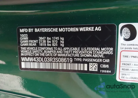 2024 Mini Convertible Cooper S from USA, damaged, VIN WMW43DL03R3S08619